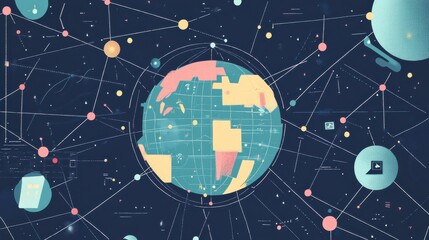 Poster - Abstract Digital World Map with Connections and Circles
