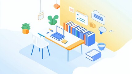 Poster - Modern Minimalist Workspace with Books, Laptop, and Green Plants