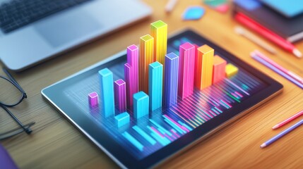 Poster - An overhead view of a D bar chart presented on a digital tablet, showcasing financial data and statistics in vibrant colors, placed on a wooden desk with a laptop and office supplies surrounding it.