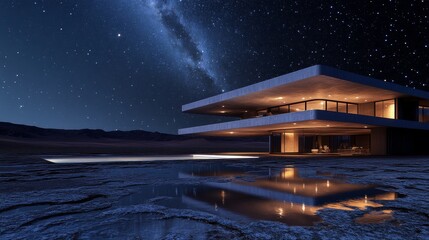 Wall Mural - HOUSE IN THE MIDDLE OF THE DESERT WITH A STARRY NIGHT