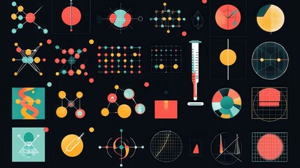 Poster - Abstract Geometric Shapes and Scientific Icons on Dark Background
