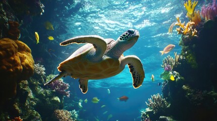Poster - An underwater shot of a sea turtle swimming among colorful coral reefs and tropical fish, showcasing the vibrant marine life and the turtle's serene movements.