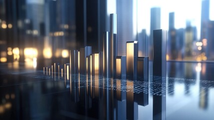 Poster - a d financial bar graph with metallic and glass-like bars, rising from a reflective surface, showcas