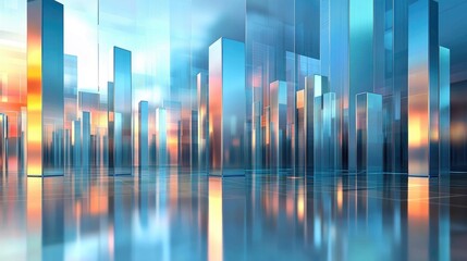 Poster - a d financial bar graph with metallic and glass-like bars, rising from a reflective surface, showcas