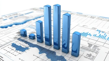 Fototapete - A D financial graph with blue bars and gridlines, showing increasing profit margins over time, with a digital background emphasizing data visualization and growth.