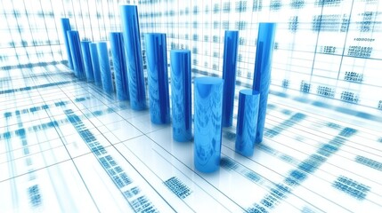 Fototapete - A D financial graph with blue bars and gridlines, showing increasing profit margins over time, with a digital background emphasizing data visualization and growth.