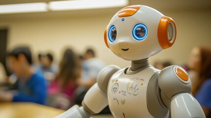 Poster - Friendly humanoid robot engaging with students in classroom setting