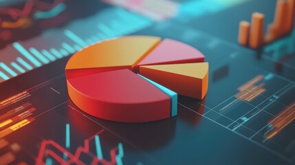 Fototapete - A close-up of a D pie chart, with distinct sections representing various financial metrics like income, expenditure, and savings, set in a professional setting.