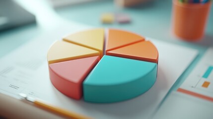 Fototapete - A close-up of a D pie chart, with distinct sections representing various financial metrics like income, expenditure, and savings, set in a professional setting.