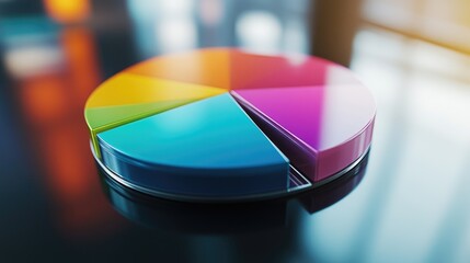 Fototapete - A close-up of a D pie chart with gradient colors, showcasing financial statistics, with each slice separated for emphasis, placed on a sleek, reflective surface.