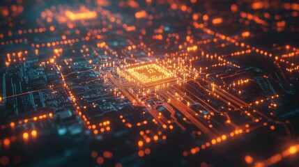Poster - a close-up shot of a glowing microchip with digital lines extending outward, symbolizing the core of