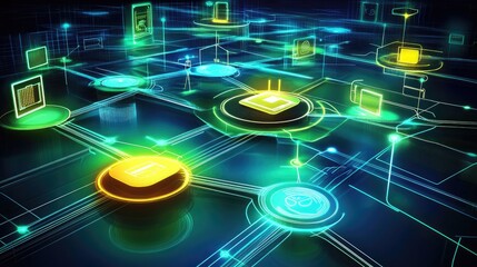 Poster - A concept of a digital network represented by glowing circuits and pathways connecting different devices, with a futuristic design and a clean tech environment.