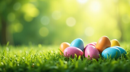  Colorful Easter eggs hiding in green grass on blurred background. Easter landscape. Spring background with copy space for greeting card, banner, poster, wallpaper