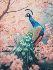 Wall Mural - Majestic Peacock in Spring Cherry Blossoms