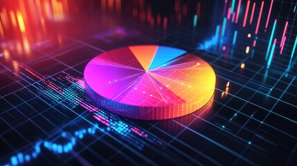 Fototapete - A dynamic D pie chart with vibrant sections, hovering above a grid background with digital data and percentages, representing a breakdown of business performance.