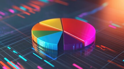 Fototapete - A dynamic D pie chart with vibrant sections, hovering above a grid background with digital data and percentages, representing a breakdown of business performance.