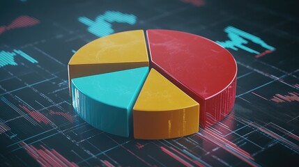 Poster - A futuristic D pie chart rotating slowly, with different sections representing stock market shares, against a digital financial background.