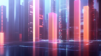Poster - A futuristic D bar chart with glowing, transparent bars representing financial data, rising from a digital grid, showing trends and analytics in a high-tech environment.