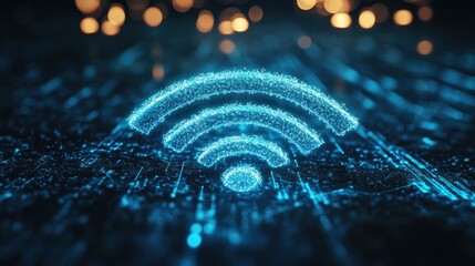 Poster - A glowing blue Wi-Fi symbol against a clean white background, with radiating signal waves illustrating strong connectivity, perfect for technology and communication themes.