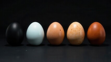 Poster - Five differently colored eggs are arranged from left to right on a black background. The eggs showcase various shades, creating an interesting visual contrast and appeal.