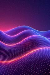 Poster - A mesmerizing digital landscape showcases undulating waves made of glowing dots. The background features a deep purple sky filled with twinkling stars, creating a captivating atmosphere.