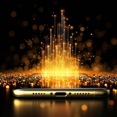 Poster - A smart device rests on a sleek surface, emanating golden beams of light and sparkling particles in a dark environment, creating an enchanting visual effect of energy and vibrancy.