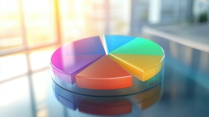 Poster - A modern D pie chart with colorful, glass-like slices rotating slightly, highlighting key data points in a business or financial presentation setting.