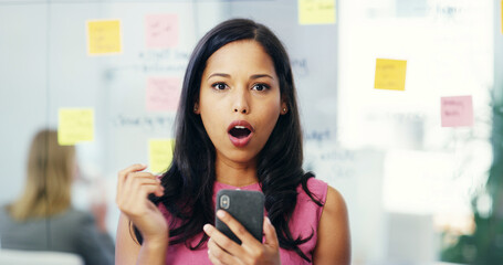 Aufkleber - Phone, portrait and surprise of designer woman in office for communication, rumor or shock. App, storyboard or wow and business person in workplace with facial expression for good news or gossip