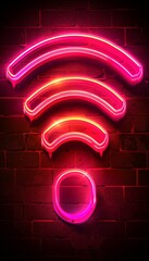Poster - A vibrant neon wifi symbol glows in pink hues on a dark brick wall. This eye-catching display creates a modern and lively atmosphere, attracting attention in an urban setting.