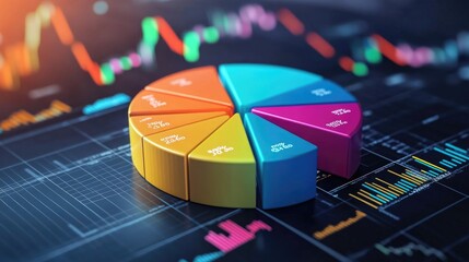 Fototapete - A segmented D pie chart with colorful pieces, each labeled with financial data, set on a digital platform with numbers and lines illustrating trends in the background.