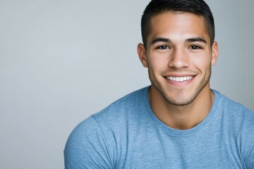 Smiling young hispanic male in blue shirt against neutral background