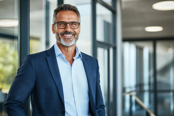 Wall Mural - Businessman in blue suit smiling in office building