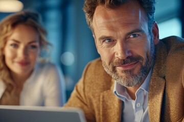 Wall Mural - Caucasian mature male and female in professional setting with laptop smiling