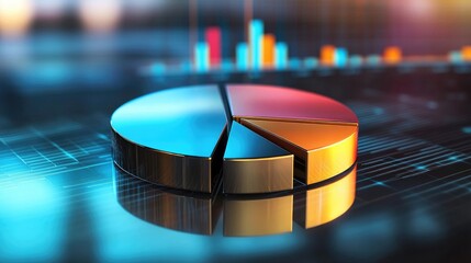 Poster - A sleek, metallic D pie chart with separated sections, hovering over a reflective surface with data points displayed above, symbolizing modern business analytics.