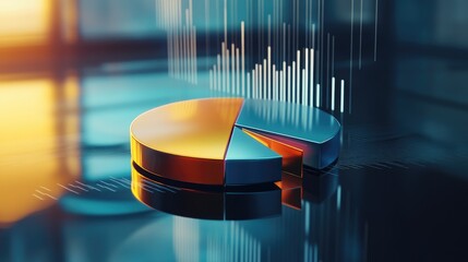Poster - A sleek, metallic D pie chart with separated sections, hovering over a reflective surface with data points displayed above, symbolizing modern business analytics.