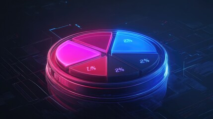 Poster - A transparent D pie chart with floating segments, displayed against a dark, futuristic backdrop, with glowing percentages next to each slice for clarity.
