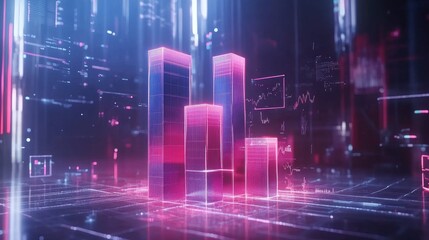Poster - a transparent d bar chart floating in a digital space, with bars of different heights representing f