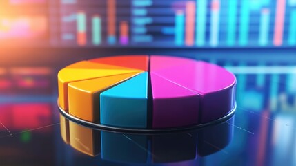 Fototapete - A vibrant D pie chart with colorful segments floating above a reflective surface, representing financial data breakdowns, with percentages displayed next to each segment.
