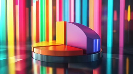 Fototapete - A vibrant D pie chart with colorful segments floating above a reflective surface, representing financial data breakdowns, with percentages displayed next to each segment.