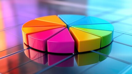 Fototapete - A vibrant D pie chart with colorful segments floating above a reflective surface, representing financial data breakdowns, with percentages displayed next to each segment.