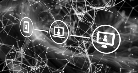 Poster - Image of network of connections with icons over white shapes on black background