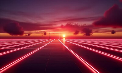 Poster - Red neon lines sunset landscape portal