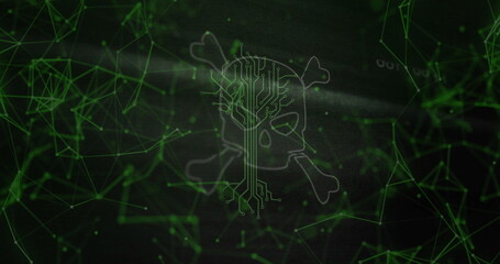 Aufkleber - image of skull and bones, digital data processing over computer servers