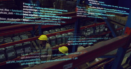 Poster - Image of financial data processing over diverse people working in warehouse