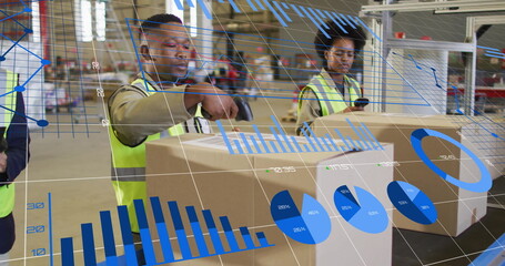 Poster - Image of financial data processing over diverse people working in warehouse