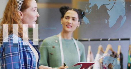 Poster - Image of financial data processing over diverse creative business people in office