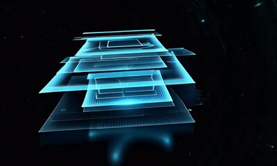 Fototapete - Blue digital layers floating, dark background, data visualization, tech concept