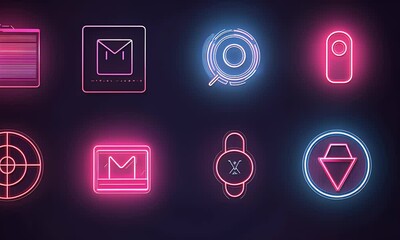 Fototapete - Neon app icons glow dark background design