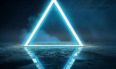 Fototapete - Glowing triangle portal, futuristic scene, reflection, dark background, digital art