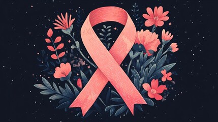 Beautiful Pink Ribbon with Flowers Symbolizing Breast Cancer Awareness for Charity Events, Fundraisers, and Support Campaigns